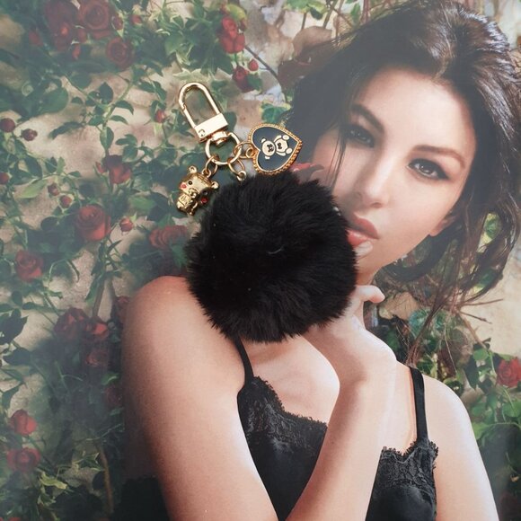 Women Black Charms Fur Pom Pom Key Chain Key Ring Handbag Purse Charm Accessory - Picture 3 of 5